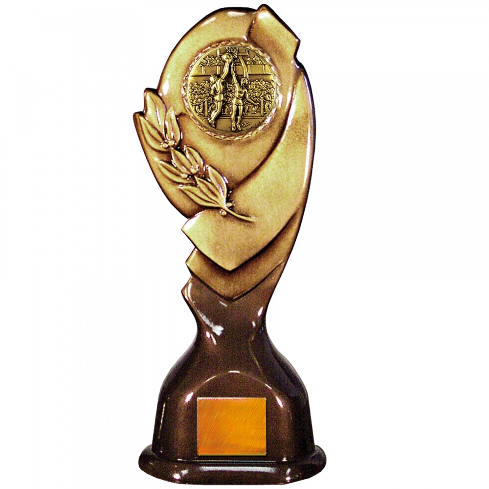 Customized Stock Classic 12" Trophy with a 2" Basketball Female Coin with Engraving Plate
