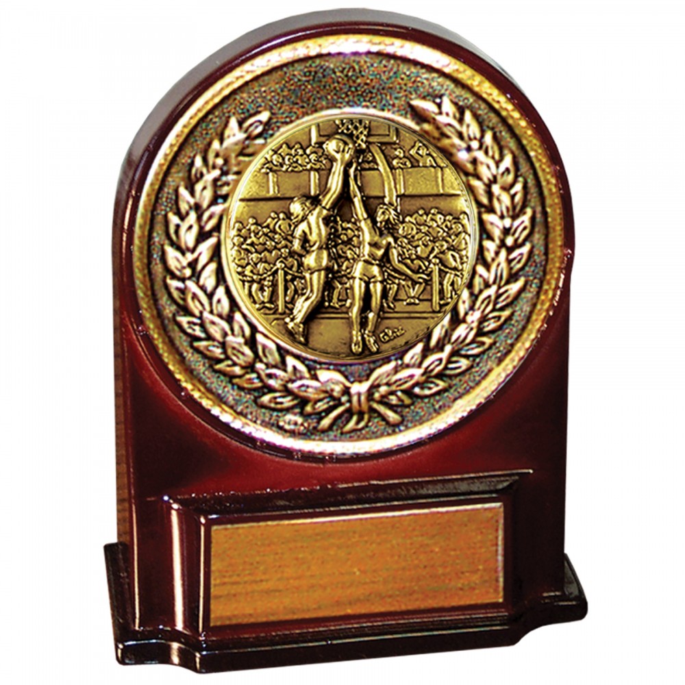 Stock 5 1/2" Medallion Award With 2" Basketball Female Coin and Engraving Plate Logo Printed