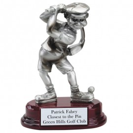 Logo Printed 5" Antique Pewter Comic Male Golf Hit & Swing Trophy  Logo Printed 5" Antique Pewter Comic Male Golf Hit & Swing Trophy