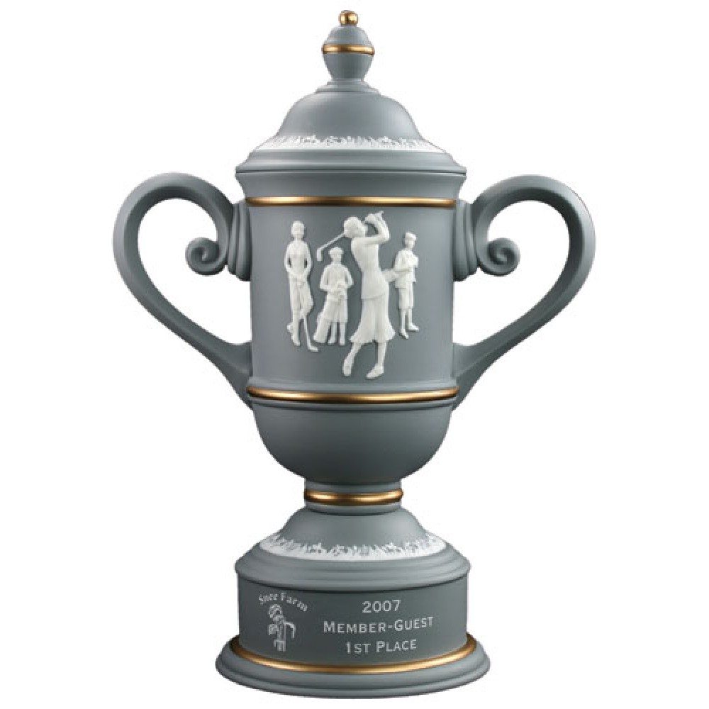 Gray/ Gold Ladies' Vintage Ceramic Golf Cup Trophy with Overlay Figures Custom Branded Gray/ Gold Ladies' Vintage Ceramic Golf Cup Trophy with Overlay Figures Custom Branded