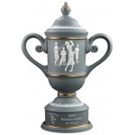 Gray/ Gold Ladies' Vintage Ceramic Golf Cup Trophy with Overlay Figures Custom Branded
