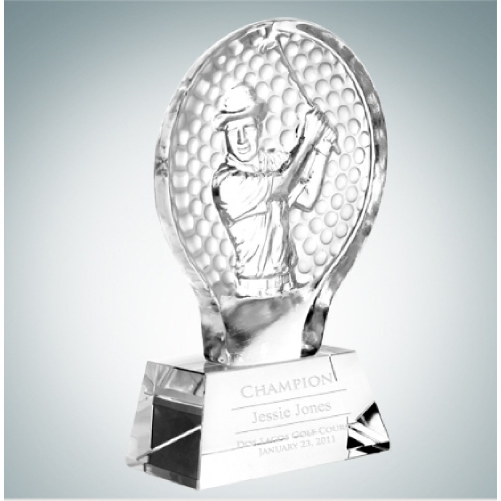 8 1/4" Male Golfer Champion Optical Crystal Molten Glass Award Logo Printed 8 1/4" Male Golfer Champion Optical Crystal Molten Glass Award Logo Printed