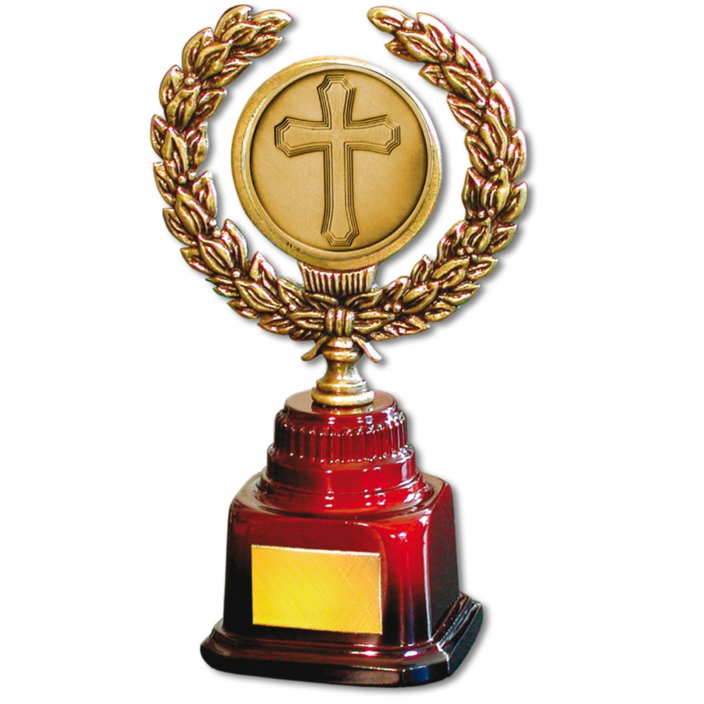 Stock 7" Trophy with 2" Cross Coin and Engraving Plate Custom Imprinted