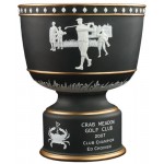 Black / Gold Vintage Bowl Ceramic Golf Trophy with Raised Figures (9 1/2"x8 1/2") Logo Printed