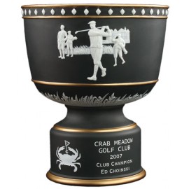 Black / Gold Vintage Bowl Ceramic Golf Trophy with Raised Figures (9 1/2"x8 1/2") Logo Printed