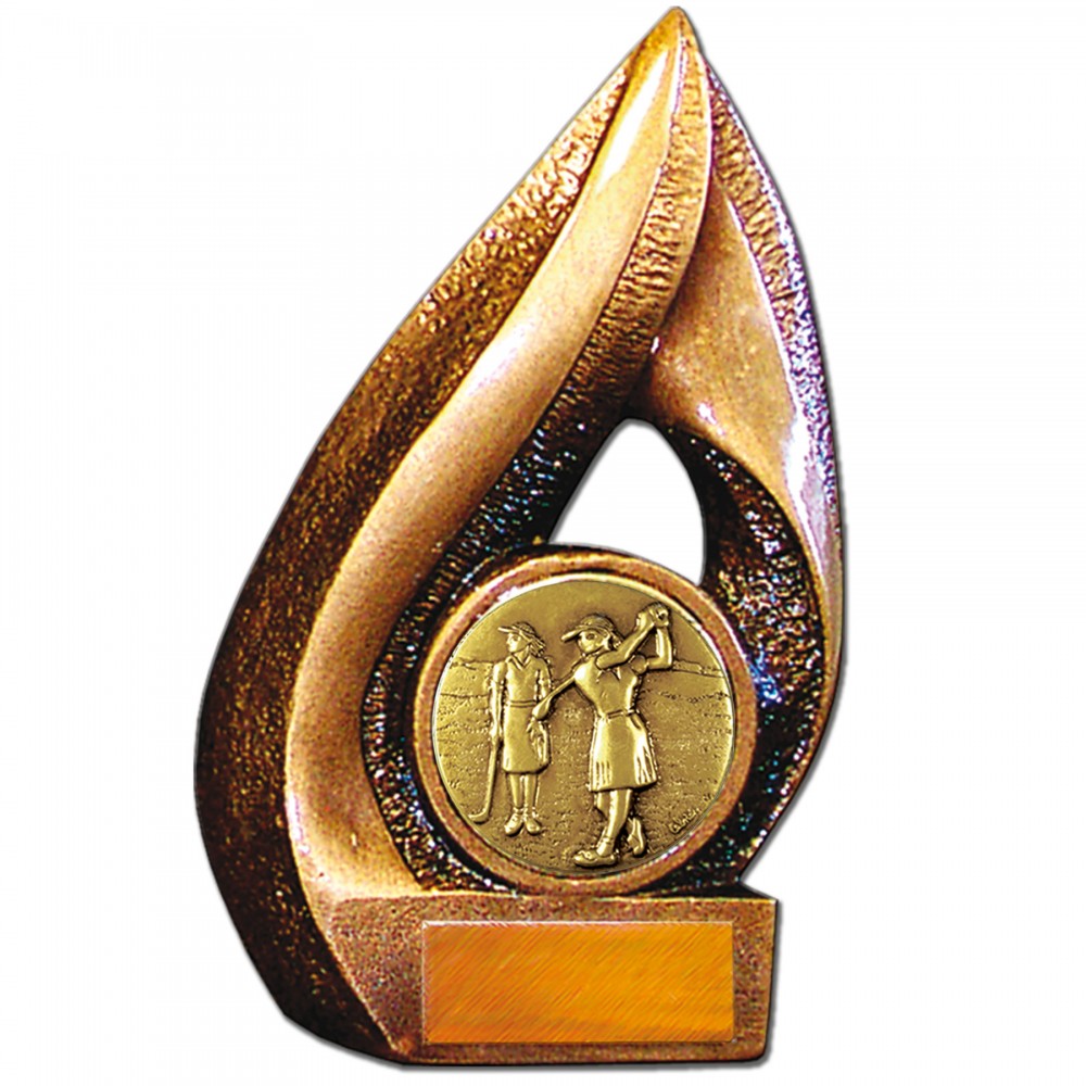 Stock Flame 7" Trophy with 2" Golf Female Coin, Engraving Plate Logo Printed