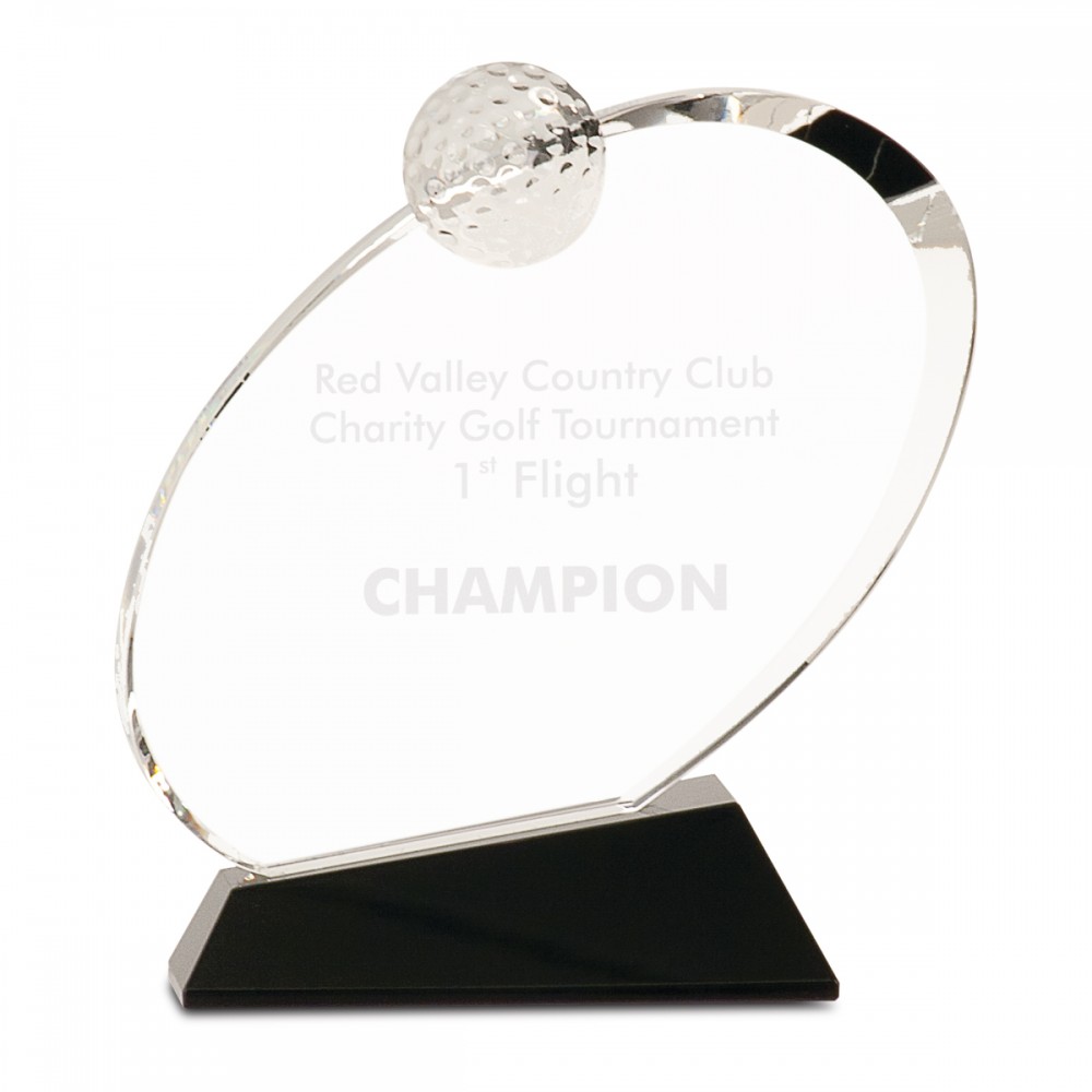 Promotional 7 1/4" Clear Crystal Oblong Golf Award on Black Crystal Base