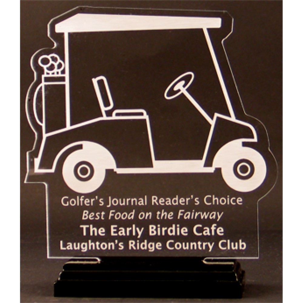 Custom Engraved Golf-Cart-Mania Award on a Black Base - Acrylic Custom Engraved Golf-Cart-Mania Award on a Black Base - Acrylic