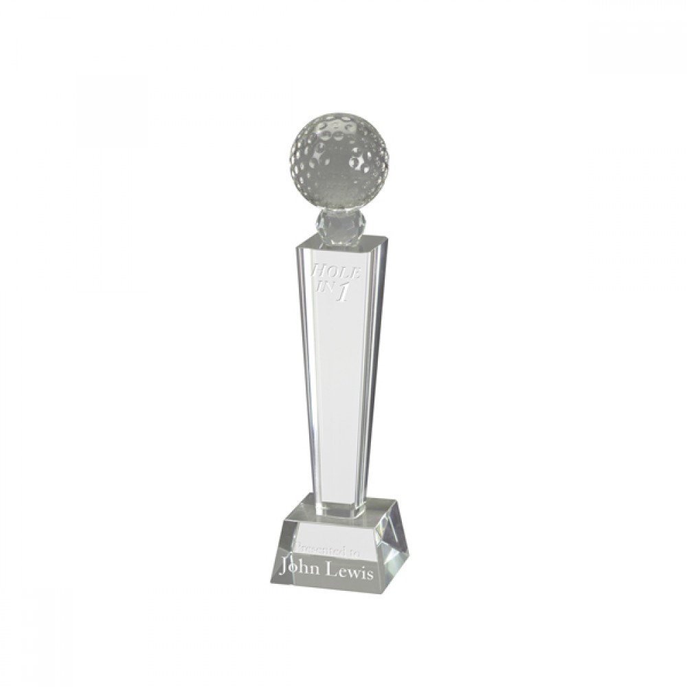 Custom Engraved 9 3/4" x 2 3/4" Clear Crystal Golf Pedestal Custom Engraved 9 3/4" x 2 3/4" Clear Crystal Golf Pedestal