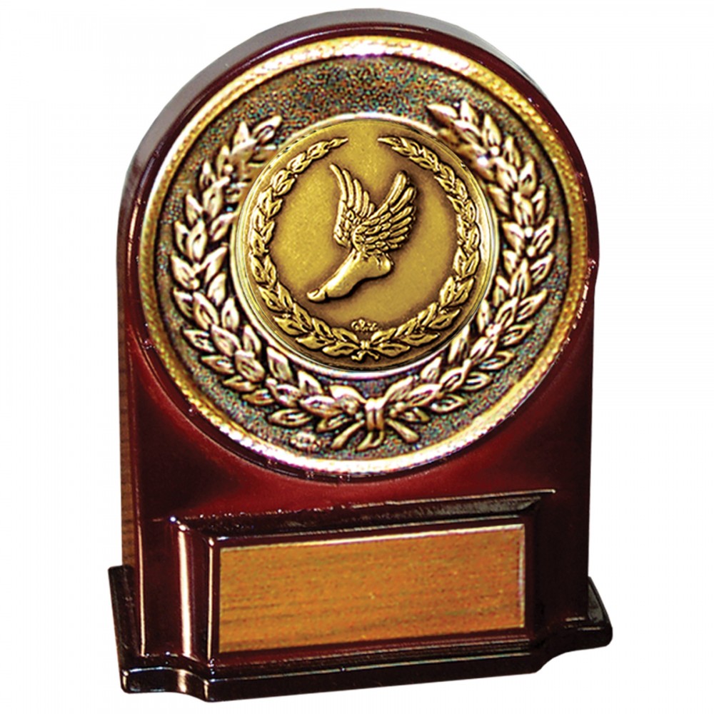 Custom Stock 5 1/2" Medallion Award With 2" Winged Foot Coin and Engraving Plate