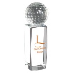 Logo Branded Golf Trophy - Crystal Golf Ball mounted on Crystal upright pedestal stand