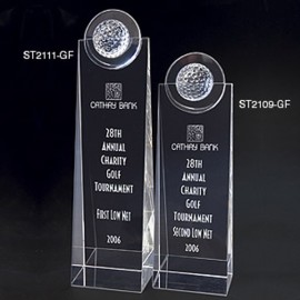 Logo Branded Crystal Golf Tower Trophy (9" x 3" x 2")