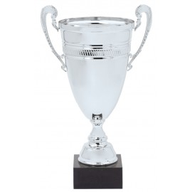 Logo Branded Silver Metal Italian Cup on Black Marble Base