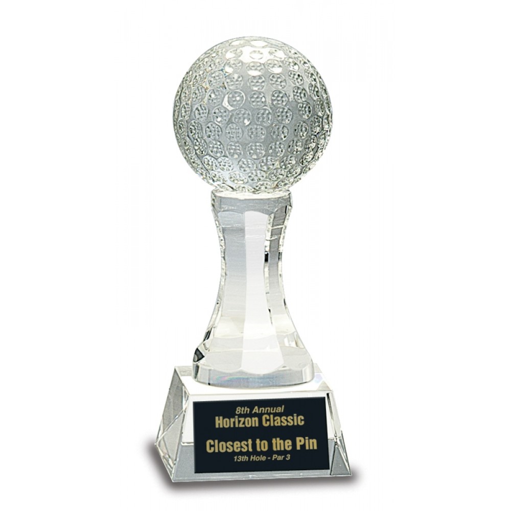 Crystal Golf Ball On 6'' Clear Pedestal Base Logo Printed