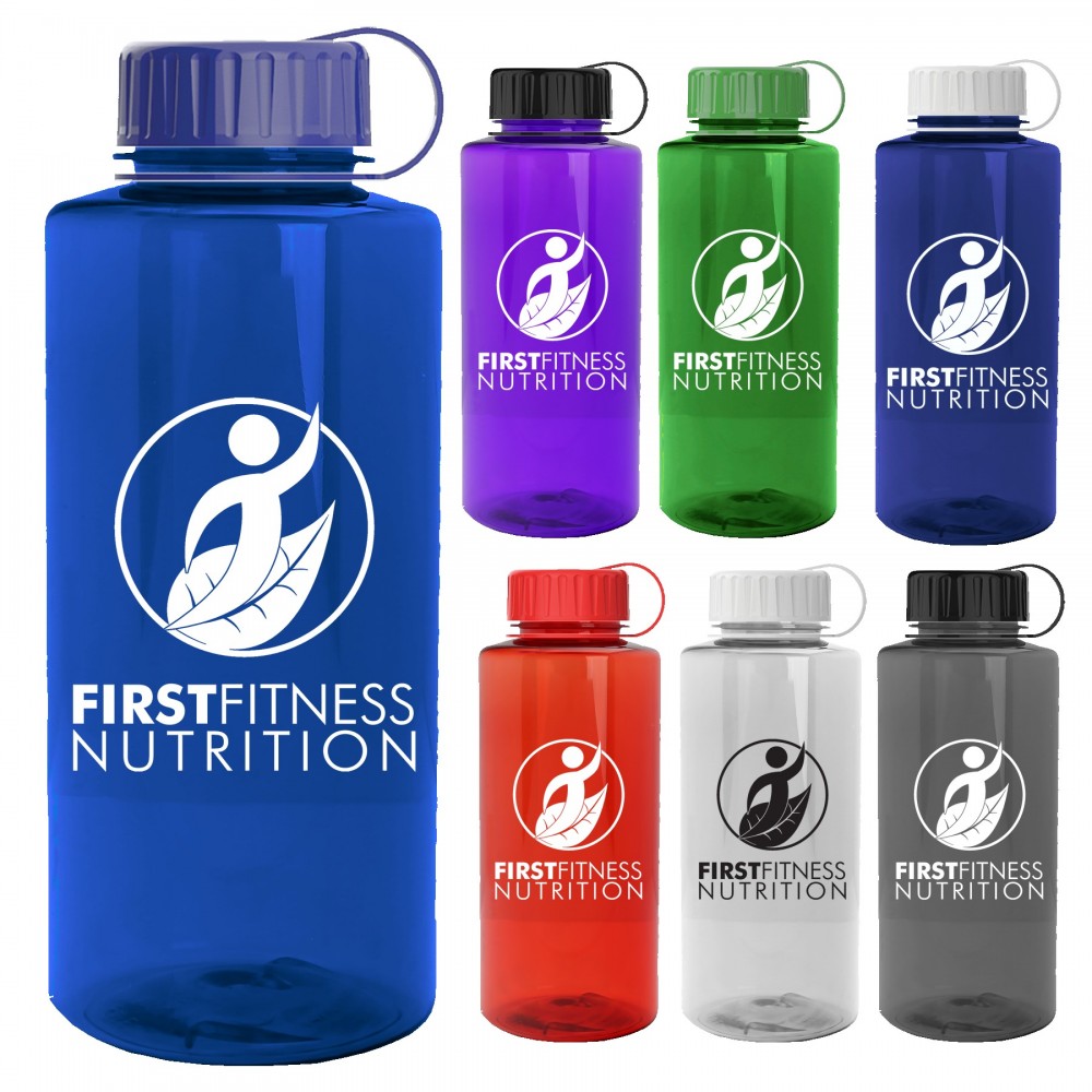 Promotional 36 Oz. Mountaineer Transparent Sports Bottle w/Tethered Handle