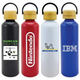 Classic 24oz Aluminum Bottle with Bamboo Lid and Carrying Handle (Blue) with Logo