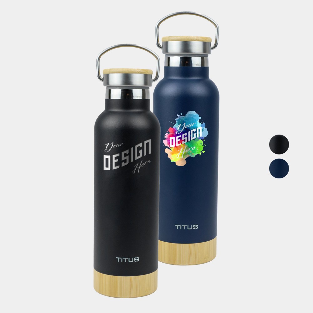 Premium 17 oz TiTUS Stainless Steel Water Bottle with Wood-Style Base with Logo