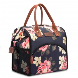 Flower Thermal Insulated Lunch Bag Wide-Open Lunch Tote Bag Large Drinks Holder Durable Nylon with Logo