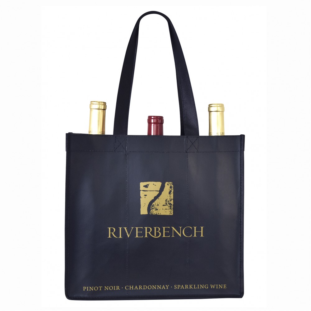 Promotional Custom 120g Laminated Non-Woven 3-Bottle Wine Tote 12"x11"x4"