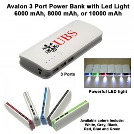 Custom Avalon 3 Port Power Bank with LED Light - 8000 mAh