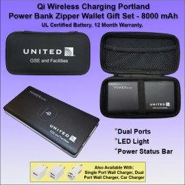 Qi Wireless Charging Portland Power Bank Zipper Wallet Gift Set 8000 mAh - Black with Logo