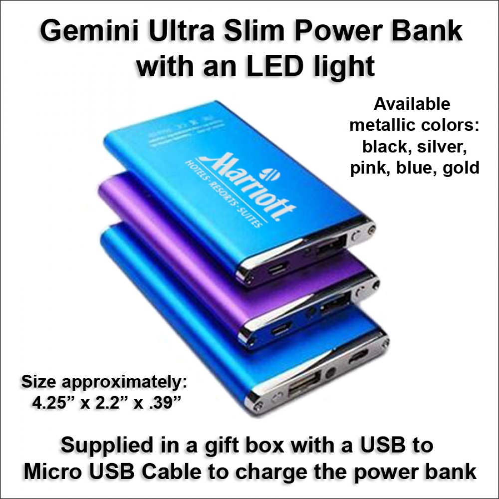 Gemini Ultra Slim Power Bank with an LED Light 4000 mAh with Logo