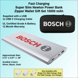 Fast Charging Super Slim Newton Power Bank USB C Gift Set 10,000 mAh - Silver with Logo