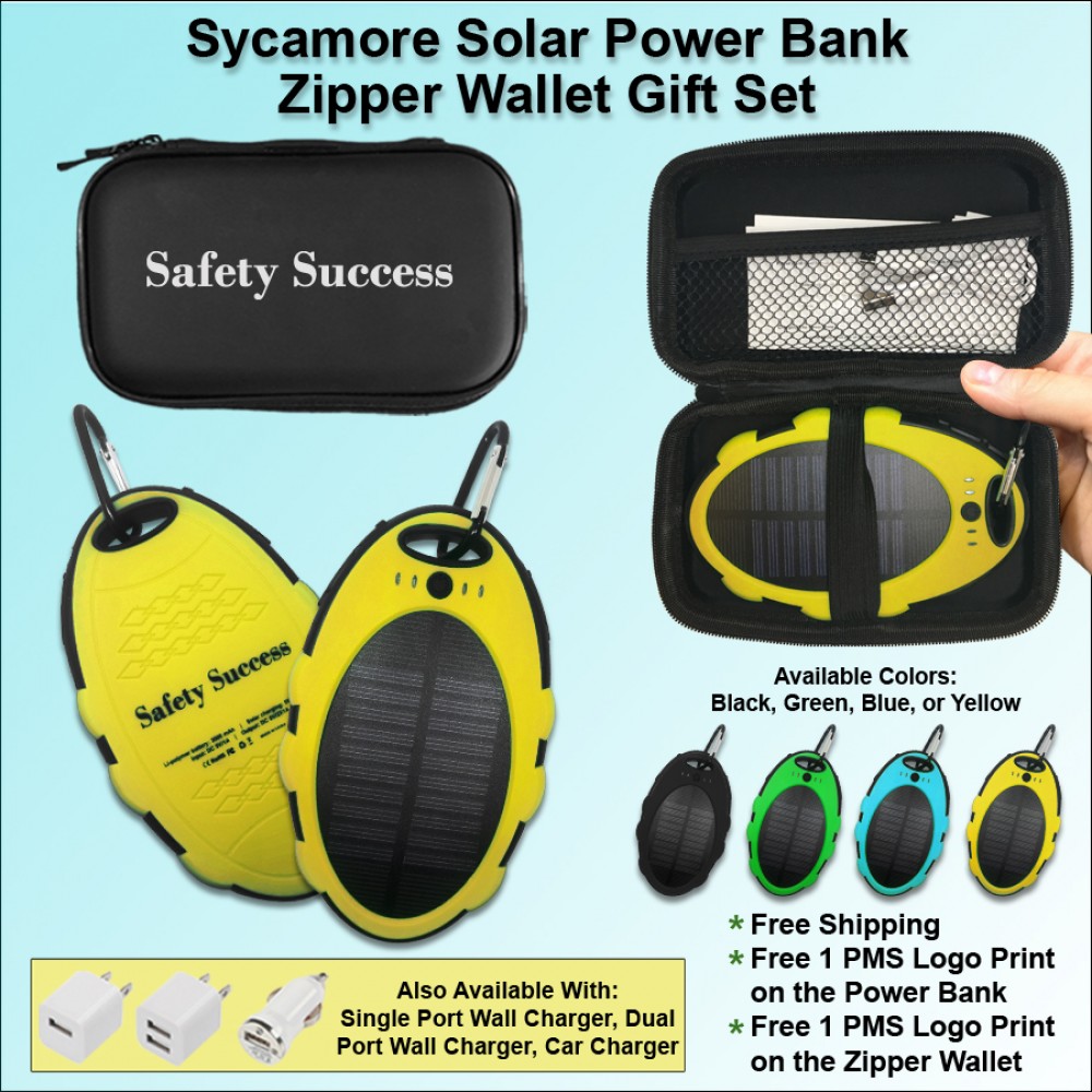 Sycamore Solar Power Bank Zipper Wallet Gift Set 3000 mAh - Yellow with Logo