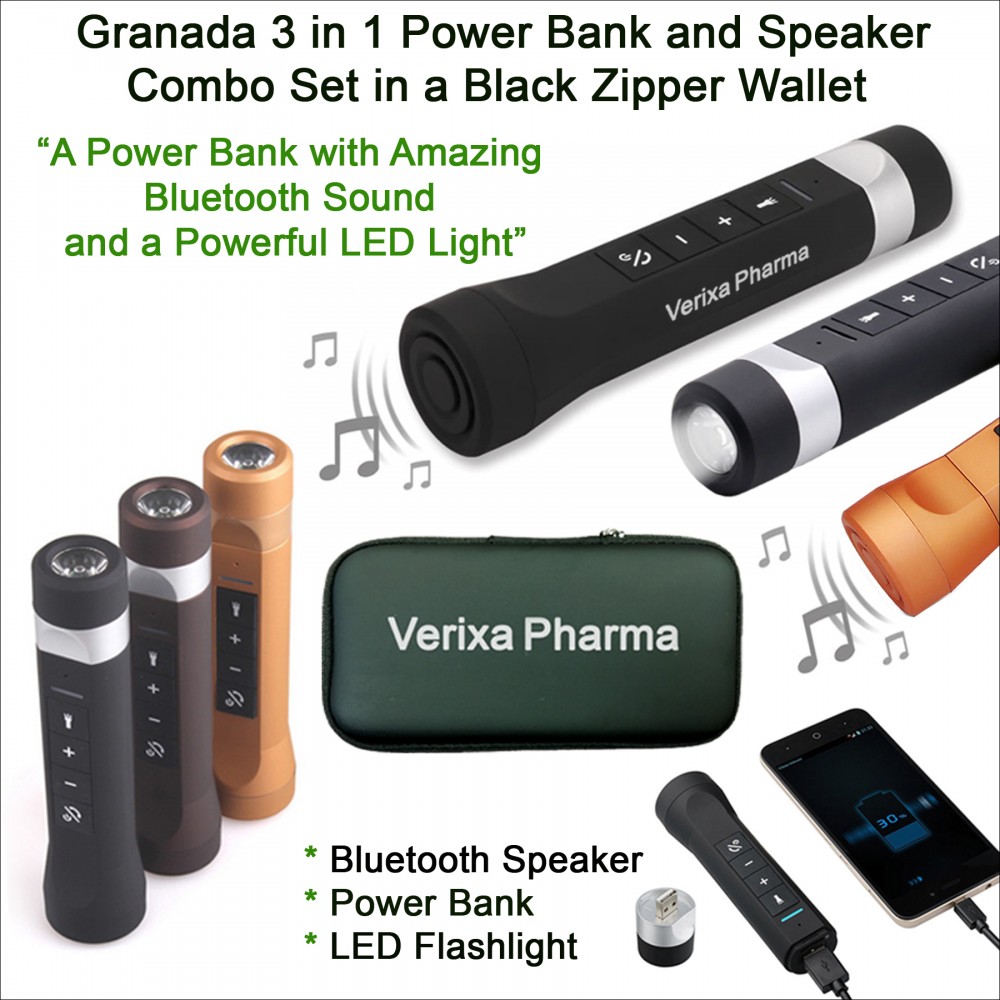 Granada 3 in 1 Gift Set Power Bank and Bluetooth Speaker Combo 3500 mAh in a Black Zipper Wallet with Logo