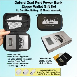 Oxford Dual Port Power Bank Zipper Wallet Gift Set 8800 mAh - Silver with Logo
