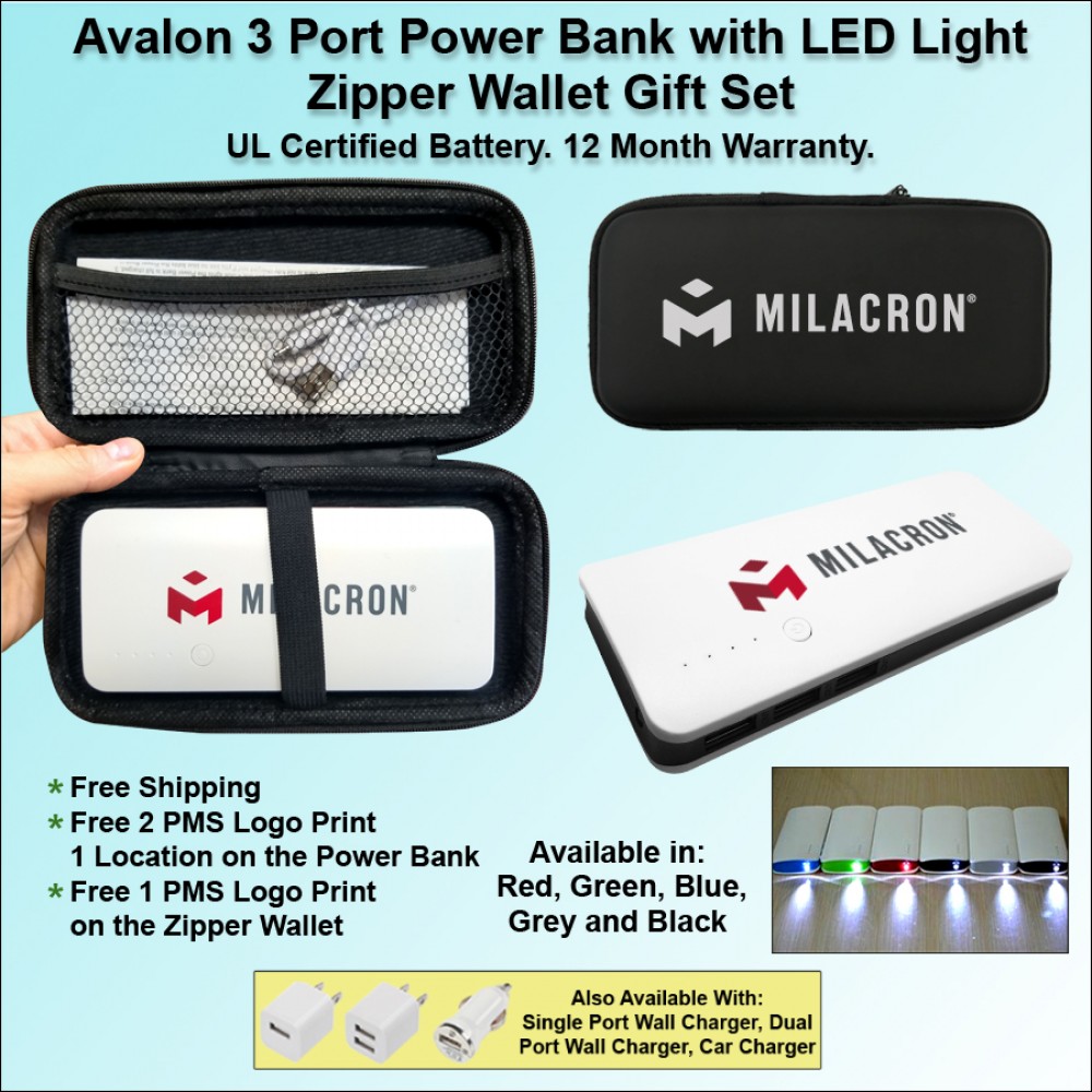 Customized Avalon 3 Port Power Bank with LED Light 8000 mAh - Black