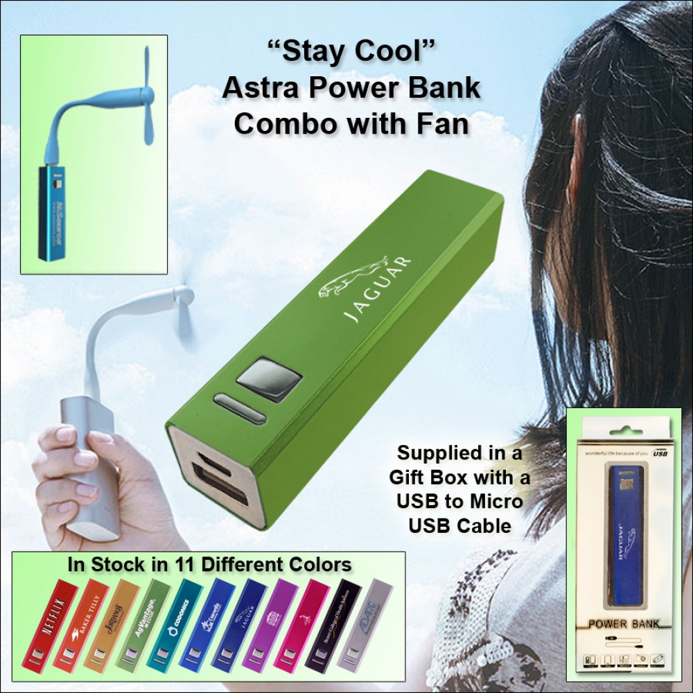 Custom Green 2000 mAh Astra Power Bank Combo w/Fan