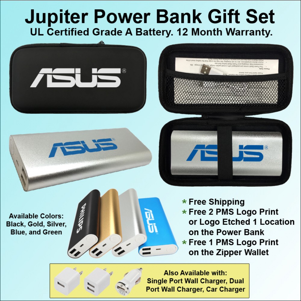 Jupiter Power Bank in Zipper Wallet 10,000 mAh - Silver with Logo