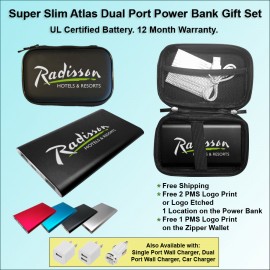 Personalized Super Slim Atlas Power Bank Dual Port Power Bank Zipper Wallet Gift Set 4000 mAh - Black