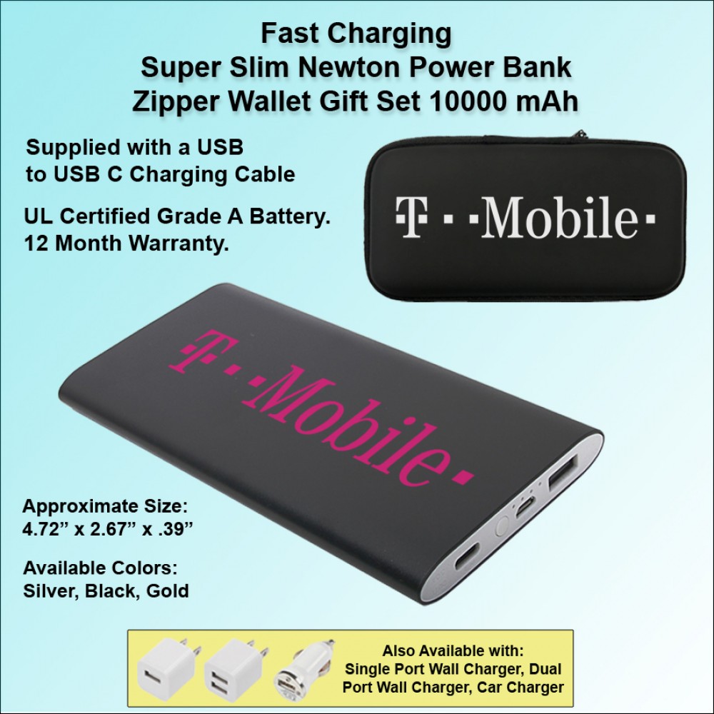 Fast Charging Super Slim Newton Power Bank USB C Gift Set 10,000 mAh - Black with Logo