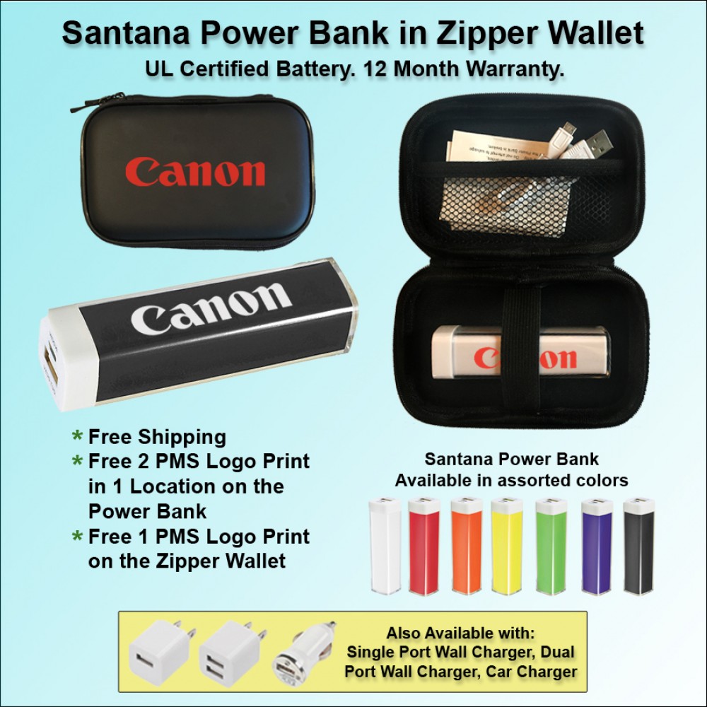 Santana Power Bank in Zipper Wallet - 1800 mAh with Logo