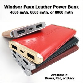 4000 mAh Windsor Faux Leather Power Bank with Logo