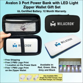 Custom Avalon 3 Port Power Bank with LED Light 10000 mAh - Blue