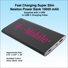 Fast Charging Super Slim Newton Power Bank USB C 10,000 mAh - Black with Logo  Fast Charging Super Slim Newton Power Bank USB C 10,000 mAh - Black with Logo