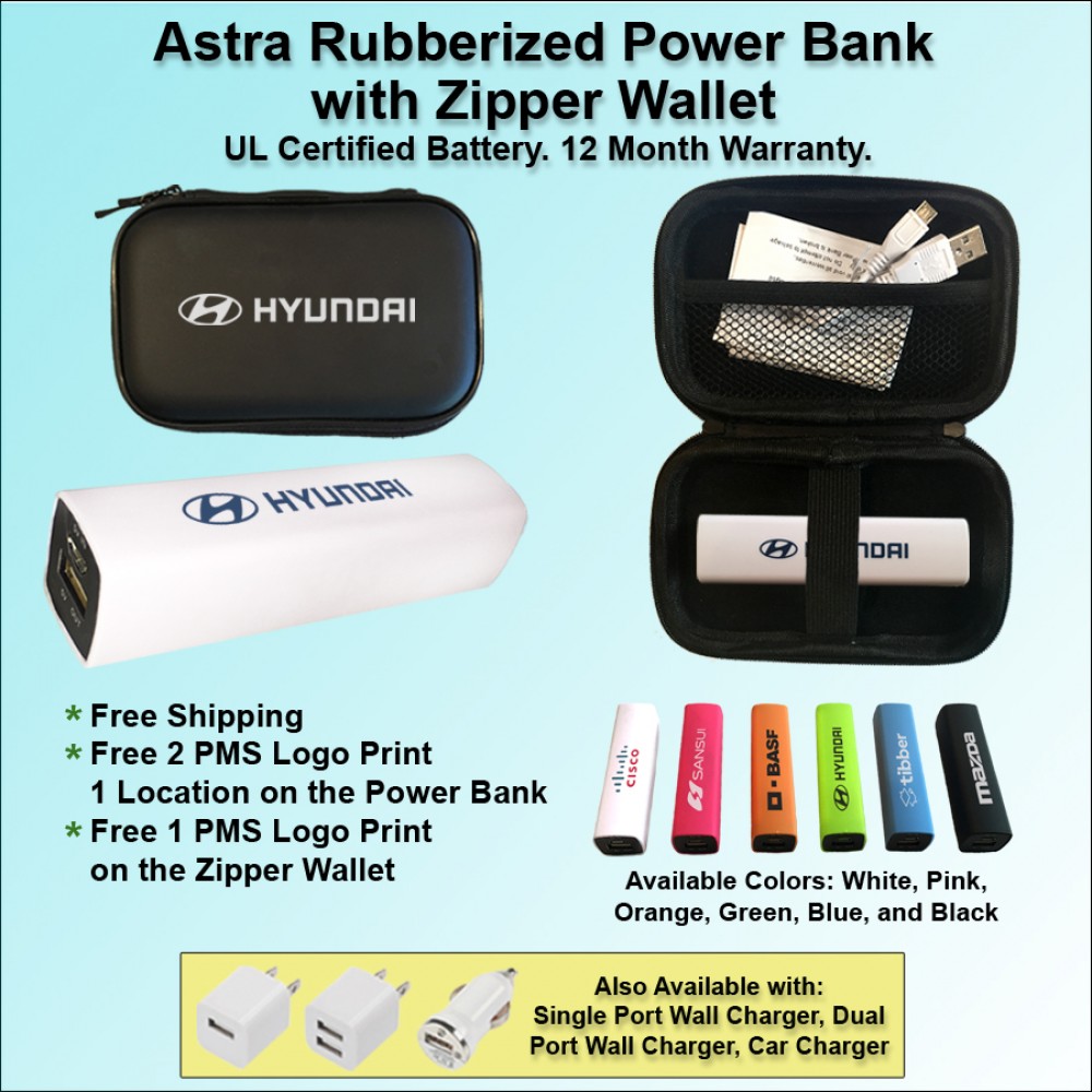 Astra Rubberized Power Bank Zipper Wallet Gift Set 2600 mAh with Logo