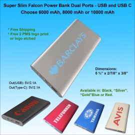 Personalized Super Slim Falcon Power Bank 8000 mAh - Silver