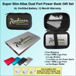Super Slim Atlas Power Bank Dual Port Power Bank Zipper Wallet Gift Set 4000 mAh - Silver with Logo