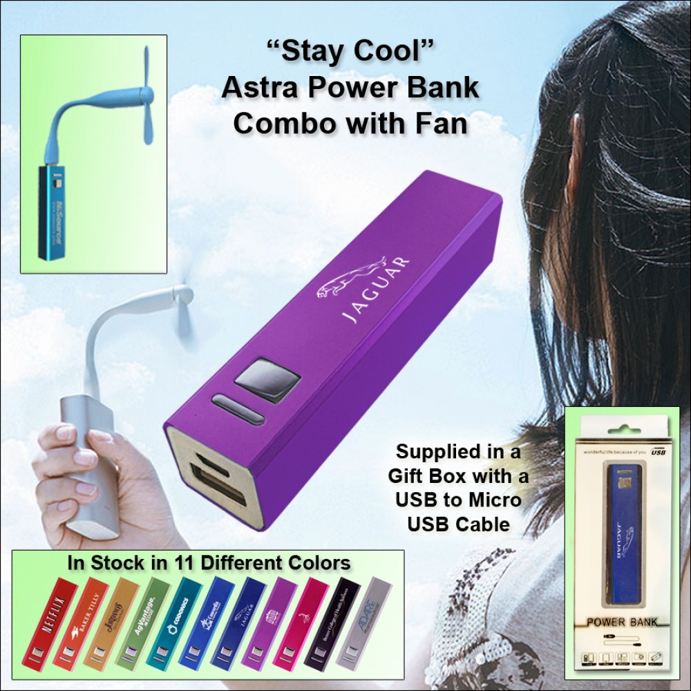 Personalized Purple 1800 mAh Astra Power Bank Combo w/Fan