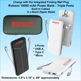 Robson 10000 mAh Power Bank - Triple Ports, Integrated Wall Plug, Built in Cables, in a Black Zipper with Logo