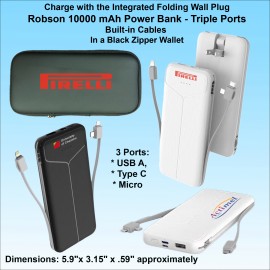 Personalized Robson 10000 mAh Power Bank, Integrated Wall Plug&Charging Cables, Black Zipper