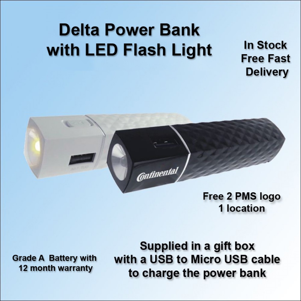 Logo Branded Delta Power Bank with LED Light - 2800 mAh