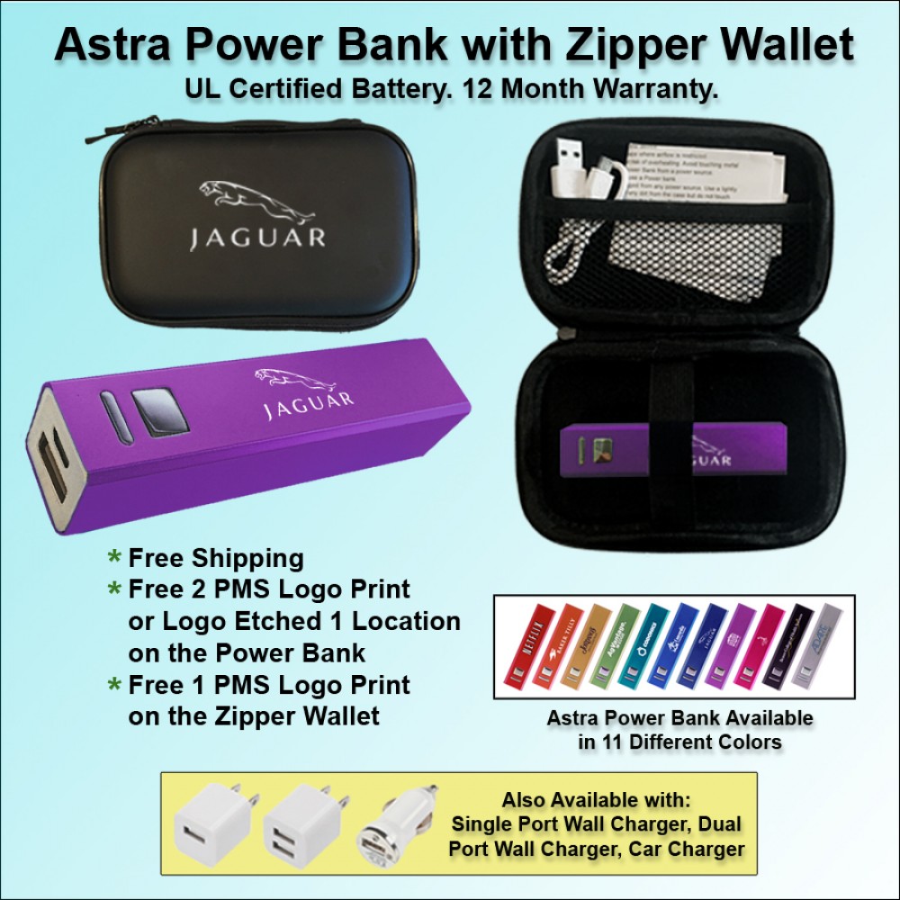 Custom Astra Power Bank Gift Set in Zipper Wallet 2000 mAh - Purple