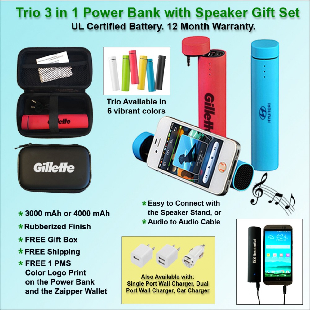 Trio 3 in 1 Power Bank with Speaker Zipper Wallet Gift Set - 3000 mAh Trio 3 in 1 Power Bank with Speaker Zipper Wallet Gift Set - 3000 mAh