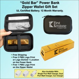 Logo Branded "Gold Bar" Power Bank Zipper Wallet Gift Set 2200 mAh