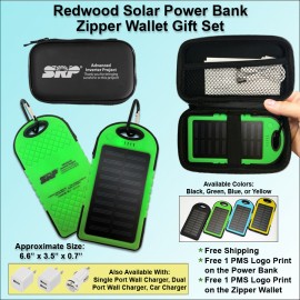 Custom Redwood Solar Power Bank Zipper Wallet Gift Set 5000 mAh - Green